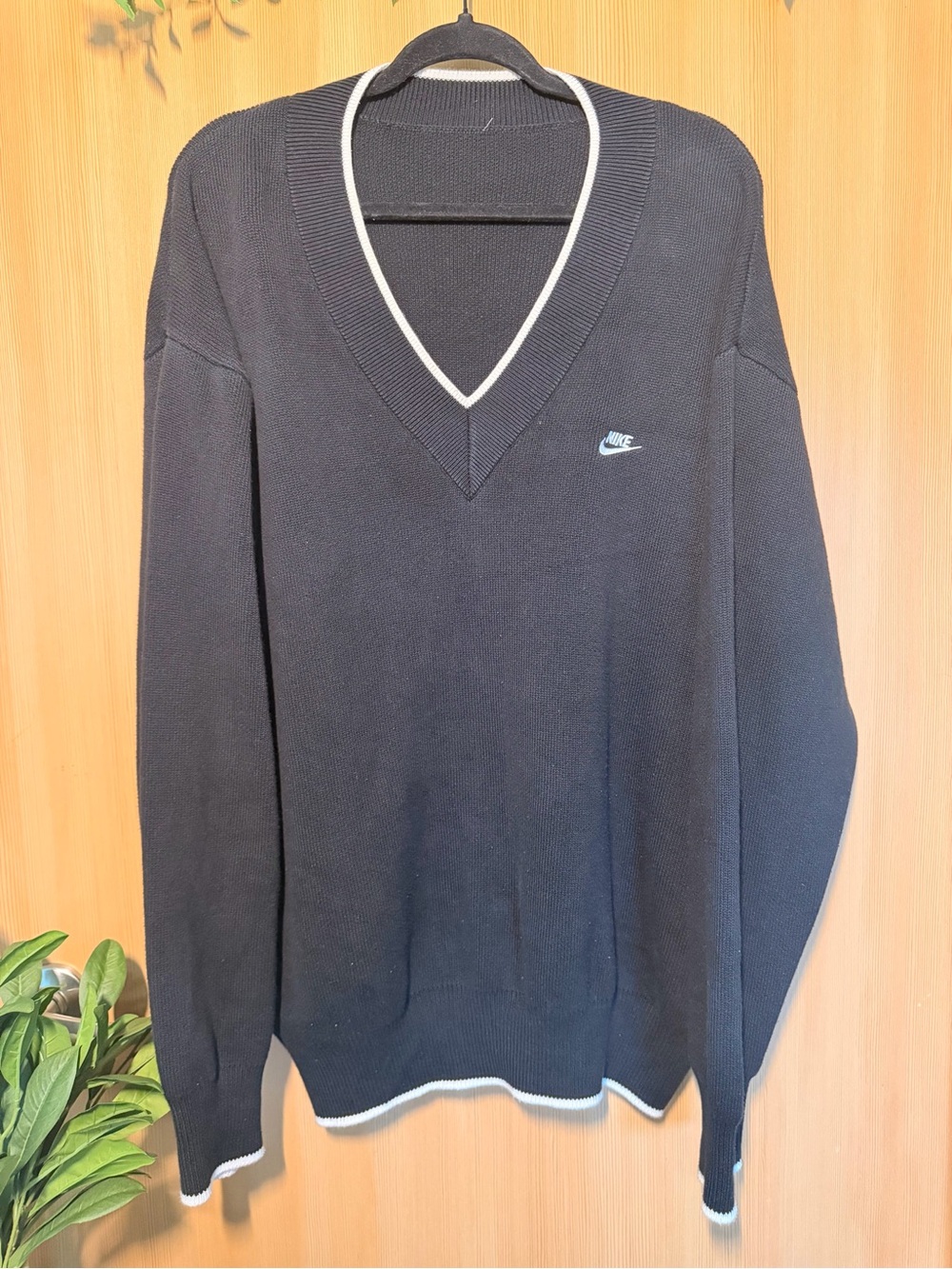Nike Men’s Black V-Neck Sweater with White Trim and Swoosh